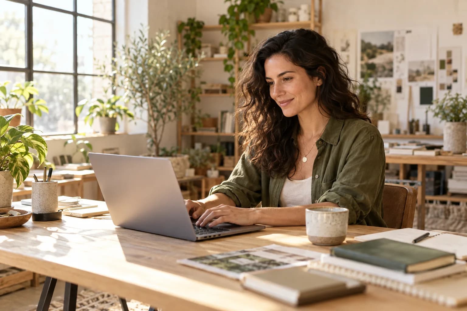 An entrepreneur working on her laptop in a sunlit studio